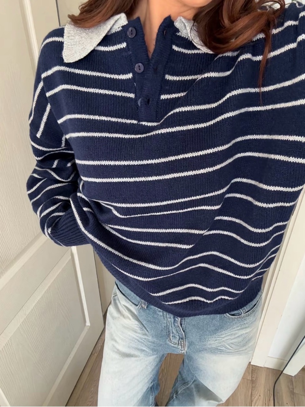 Striped Navy and grey Knit Polo Sweater